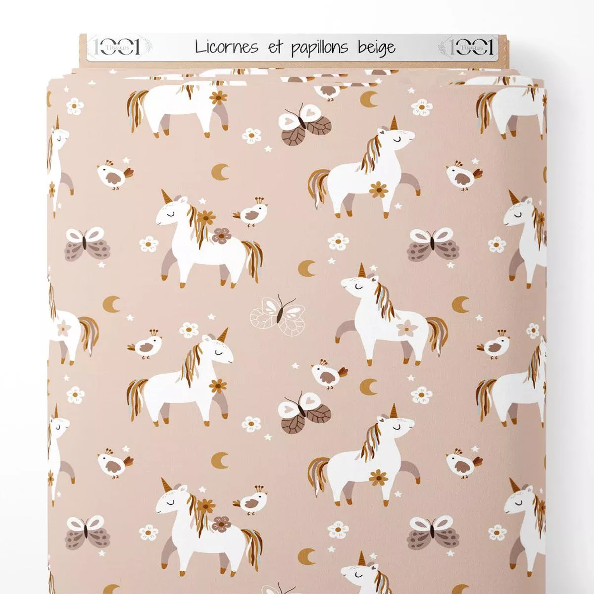 tissu-licornes-et-papillons-beige Tissu – Licornes et papillons beige
