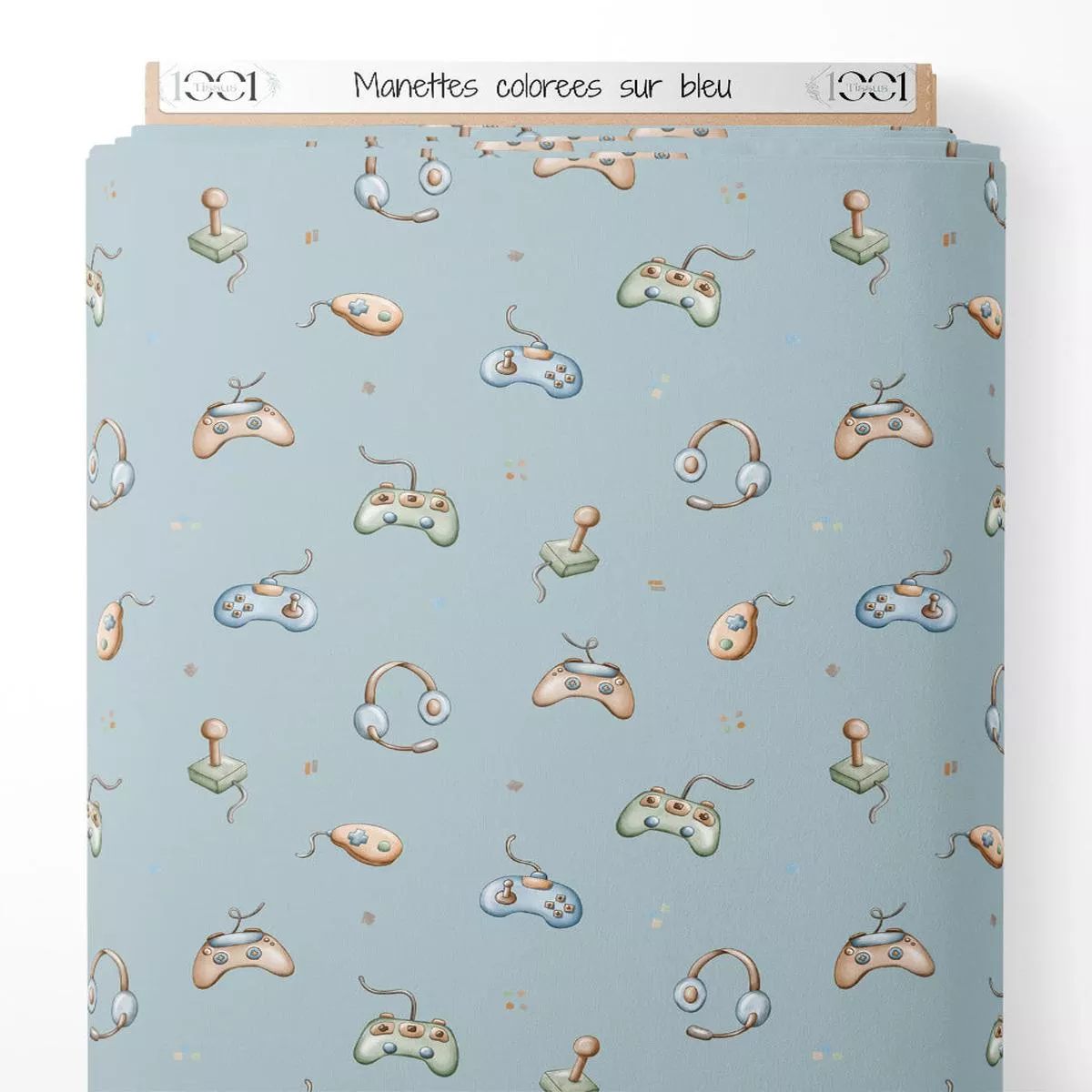 tissu-manettes-colores-sur-bleu Tissu – Manettes colores sur bleu