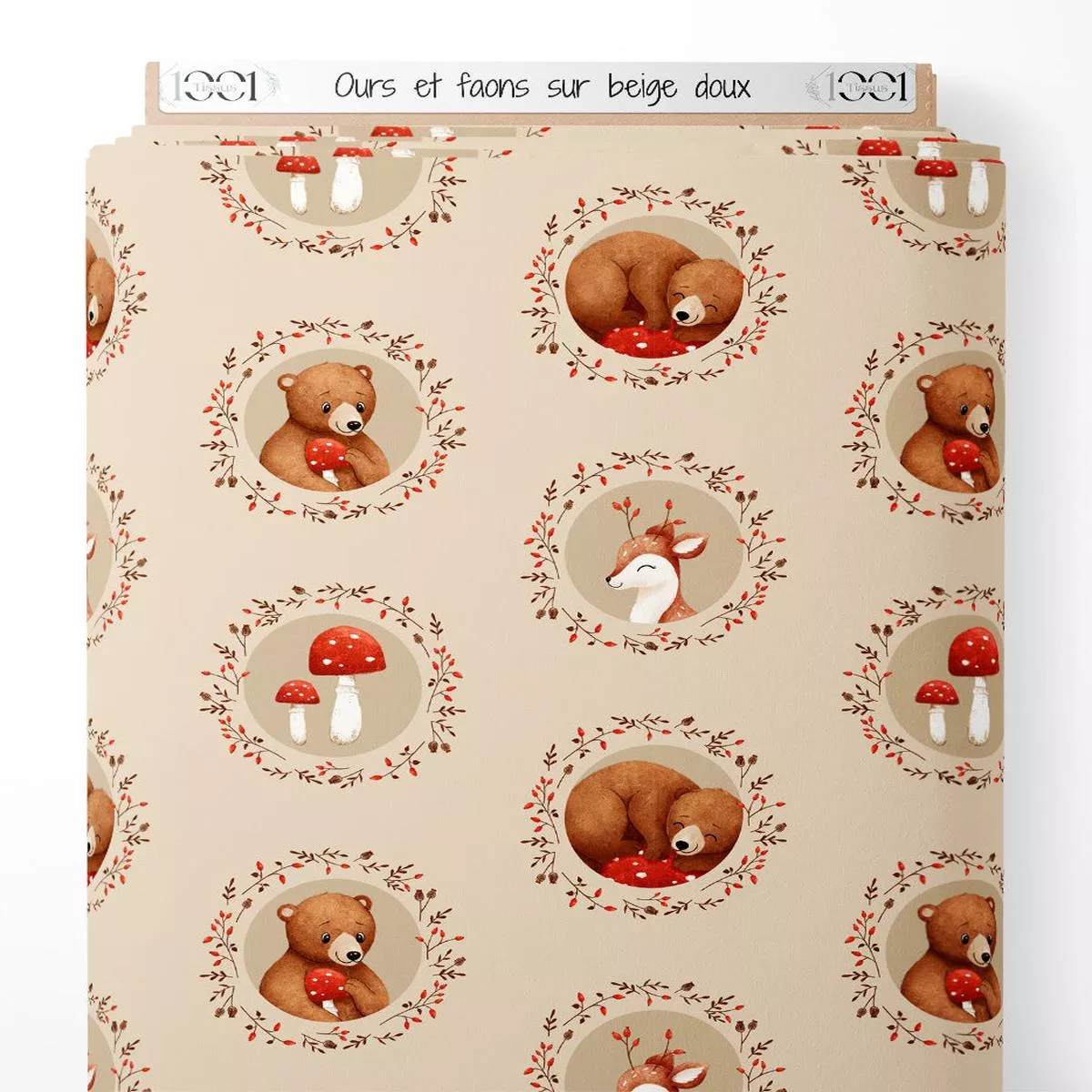 tissu-ours-et-faons-sur-beige-doux Tissu – Ours et faons sur beige doux