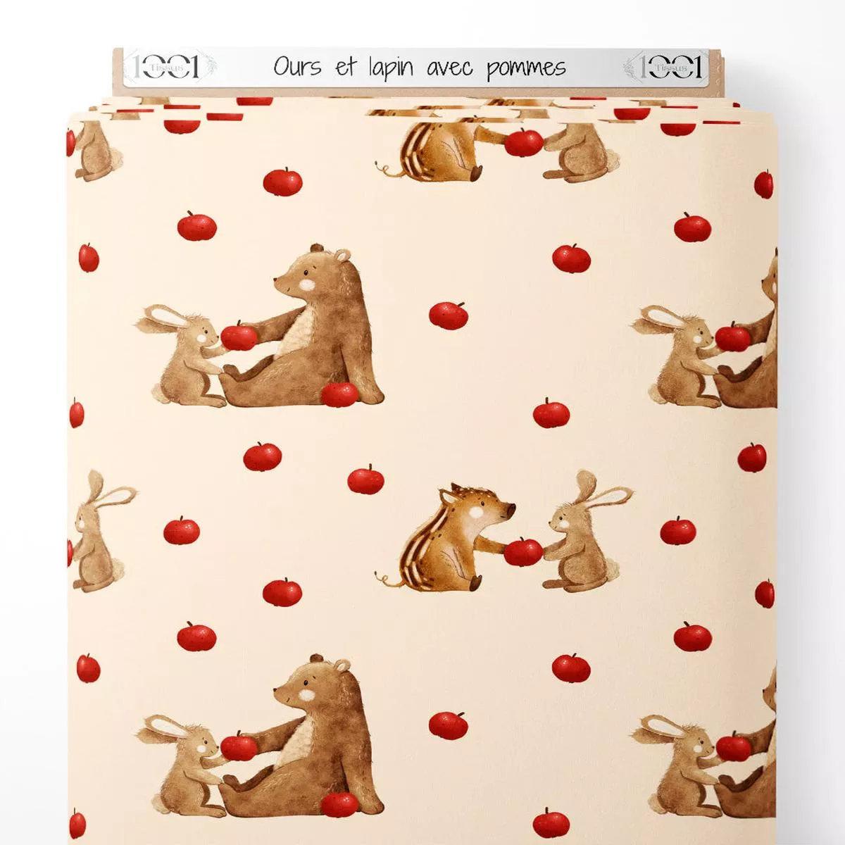 tissu-ours-et-lapin-avec-pommes Tissu – Ours et lapin avec pommes