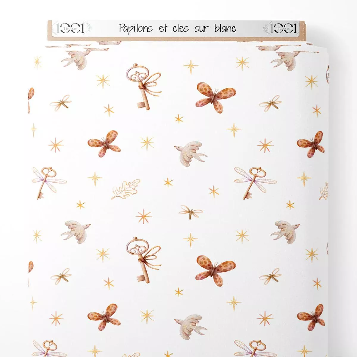 tissu-papillons-et-cls-sur-blanc Tissu – Papillons et cls sur blanc