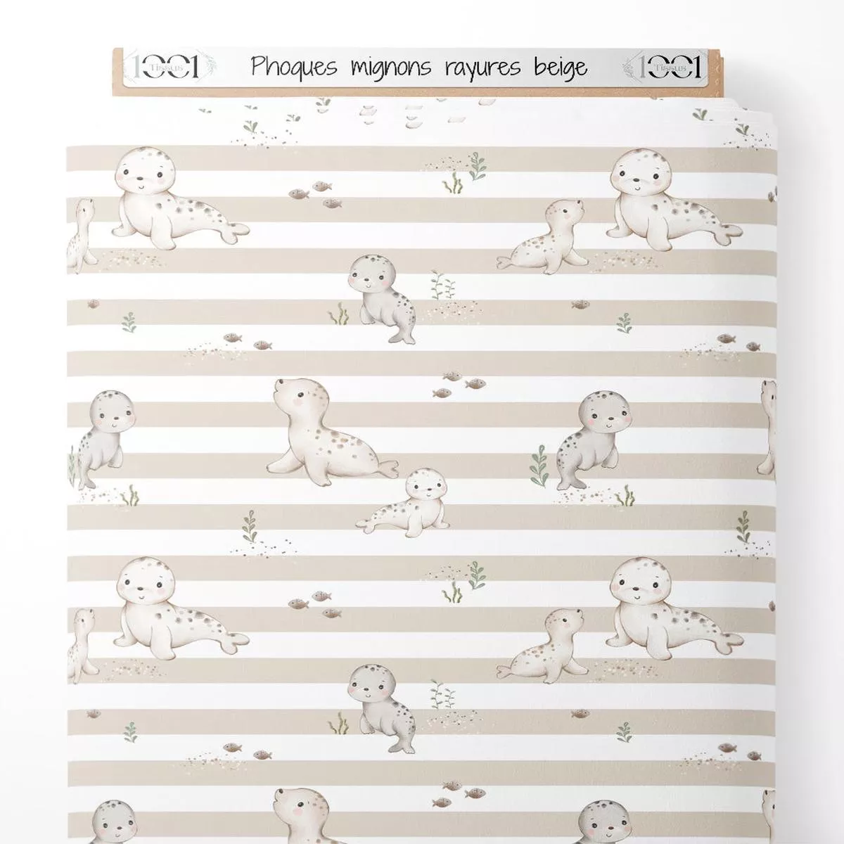 tissu-phoques-mignons-rayures-beige Tissu – Phoques mignons rayures beige