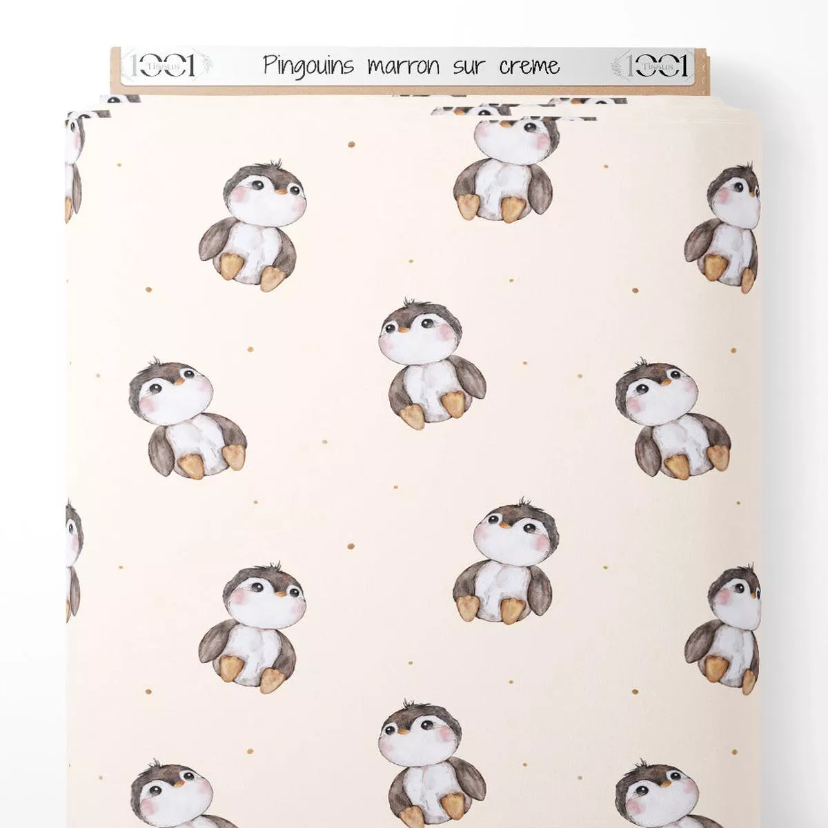tissu-pingouins-marron-sur-crme Tissu – Pingouins marron sur crme