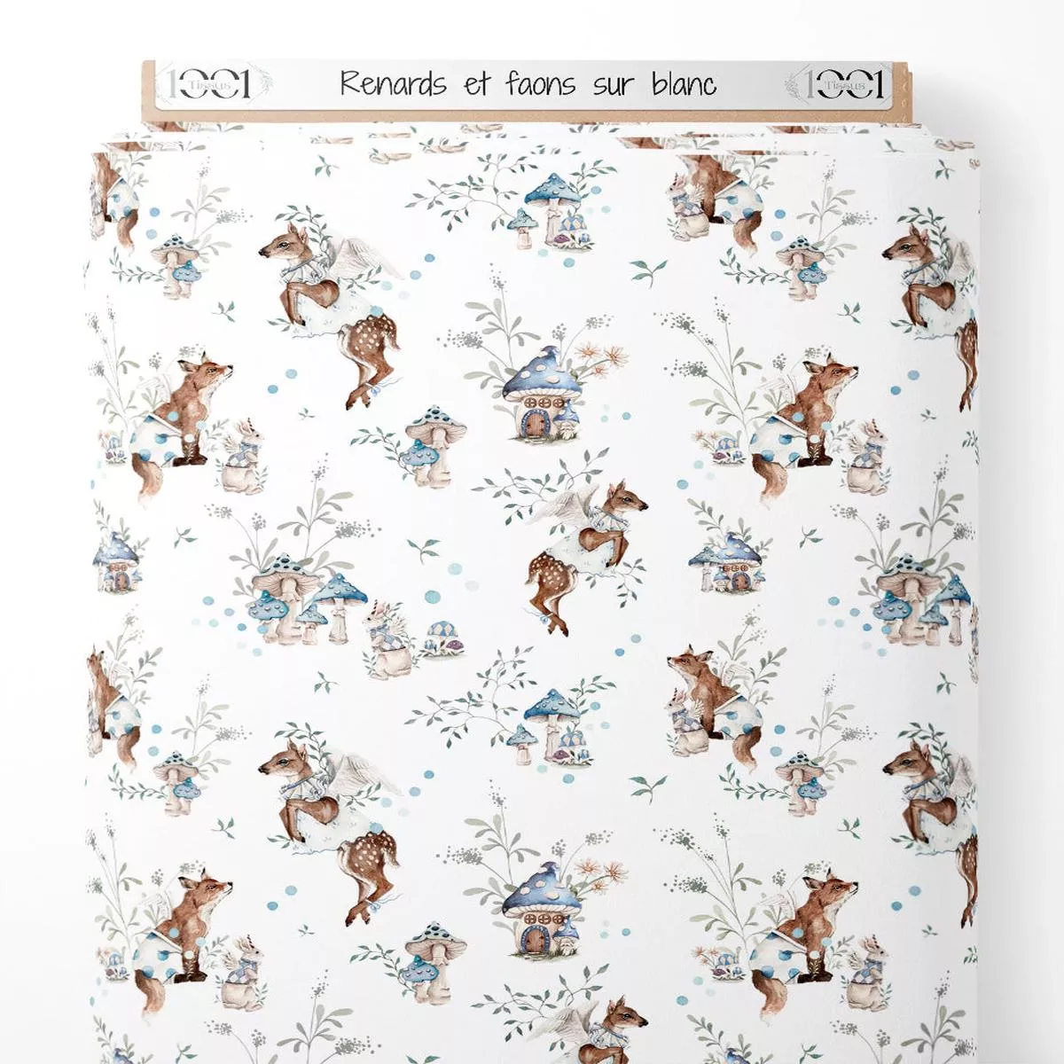 tissu-renards-et-faons-sur-blanc Tissu – Renards et faons sur blanc