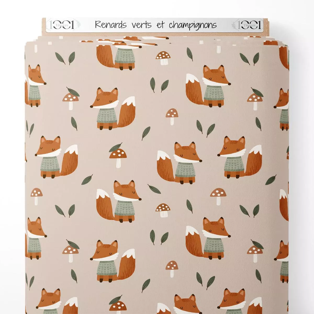 tissu-renards-verts-et-champignons Tissu – Renards verts et champignons