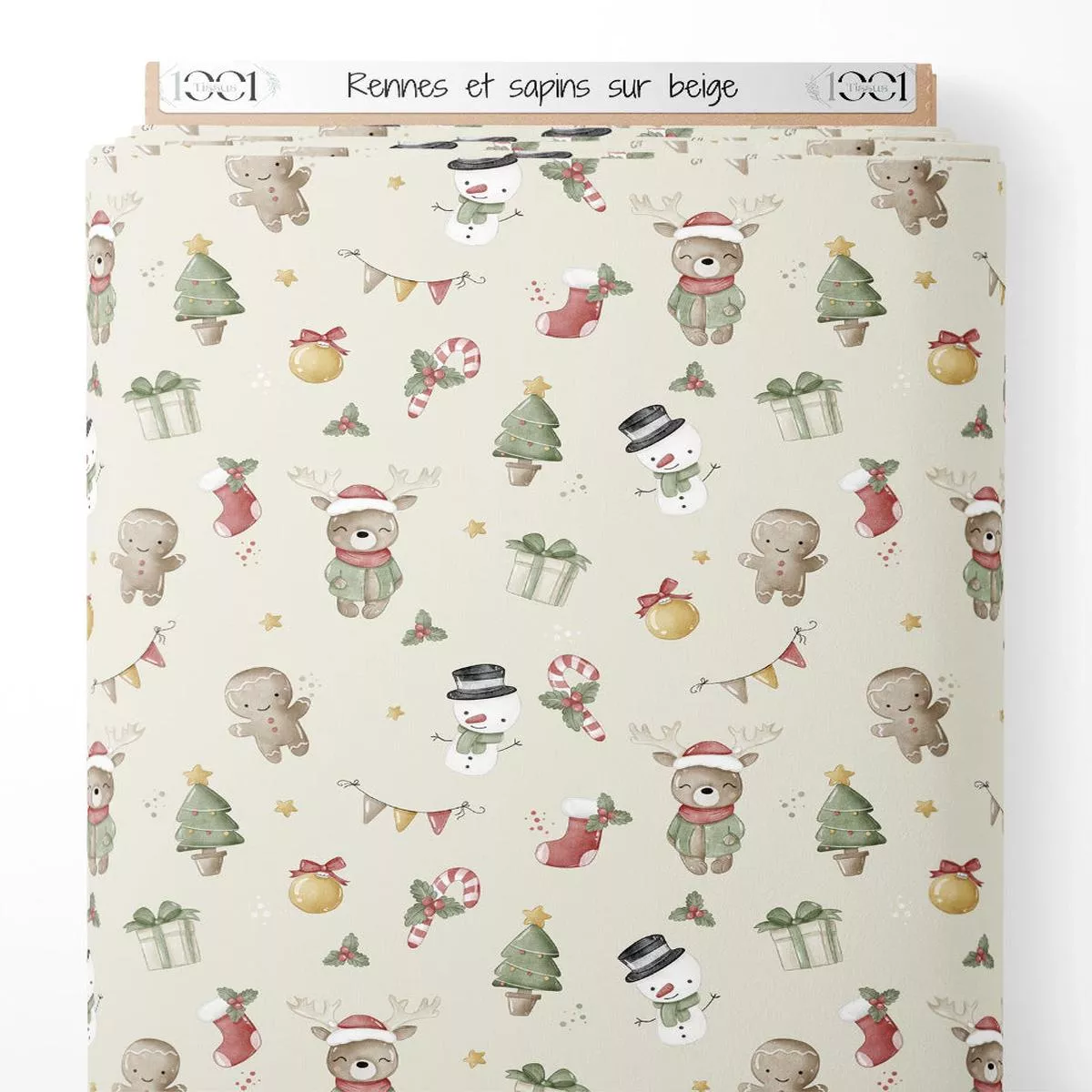 tissu-rennes-et-sapins-sur-beige Tissu – Rennes et sapins sur beige