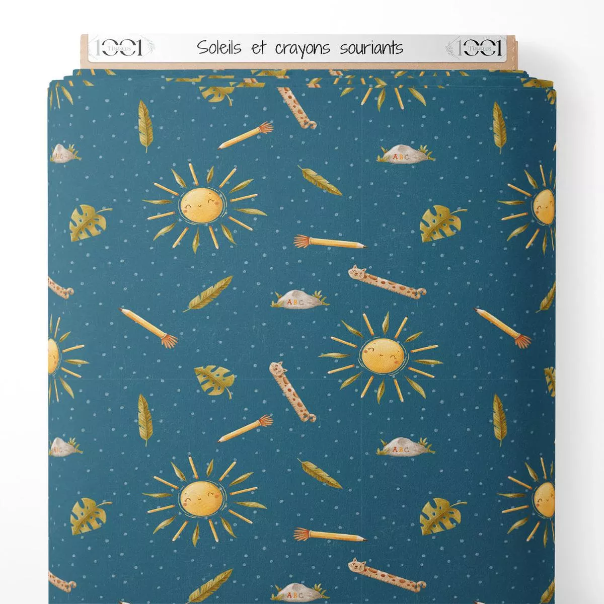 tissu-soleils-et-crayons-souriants Tissu – Soleils et crayons souriants