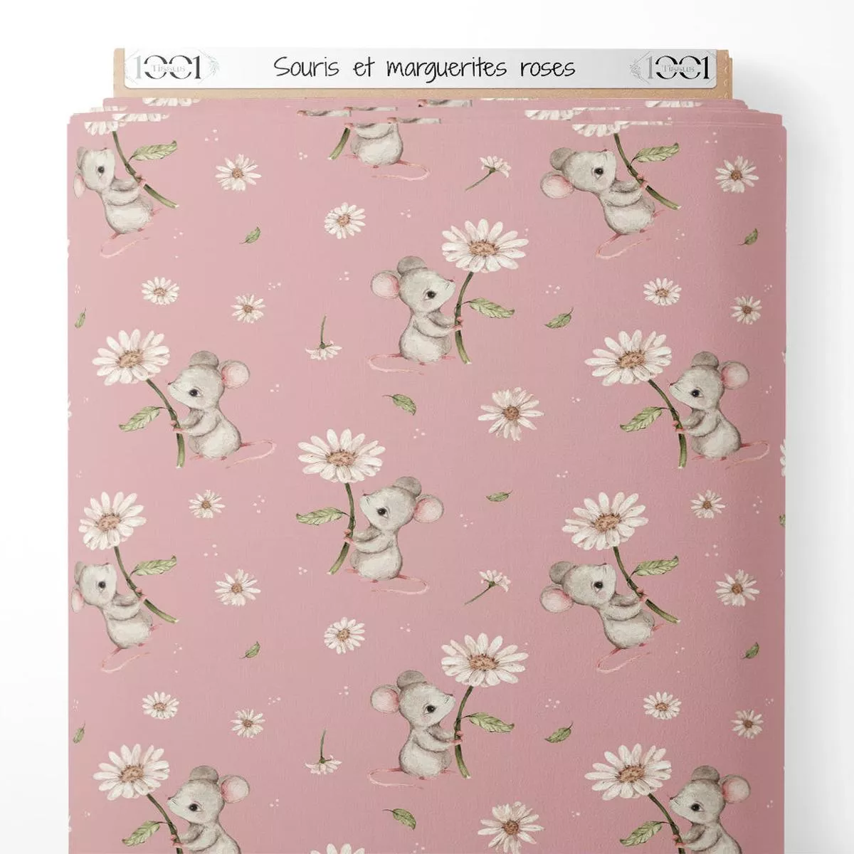 tissu-souris-et-marguerites-roses Tissu – Souris et marguerites roses