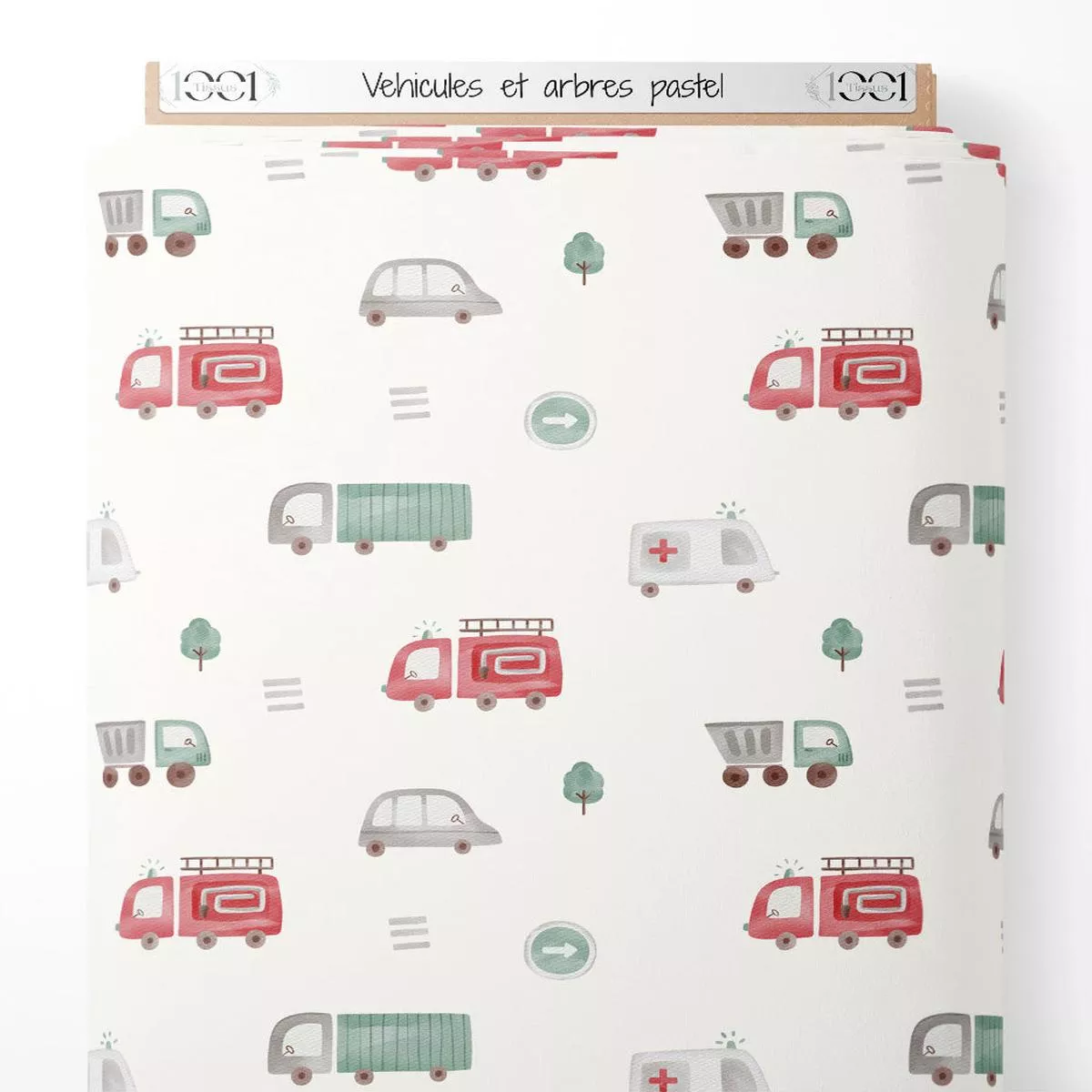 Tissu – Vhicules et arbres pastel