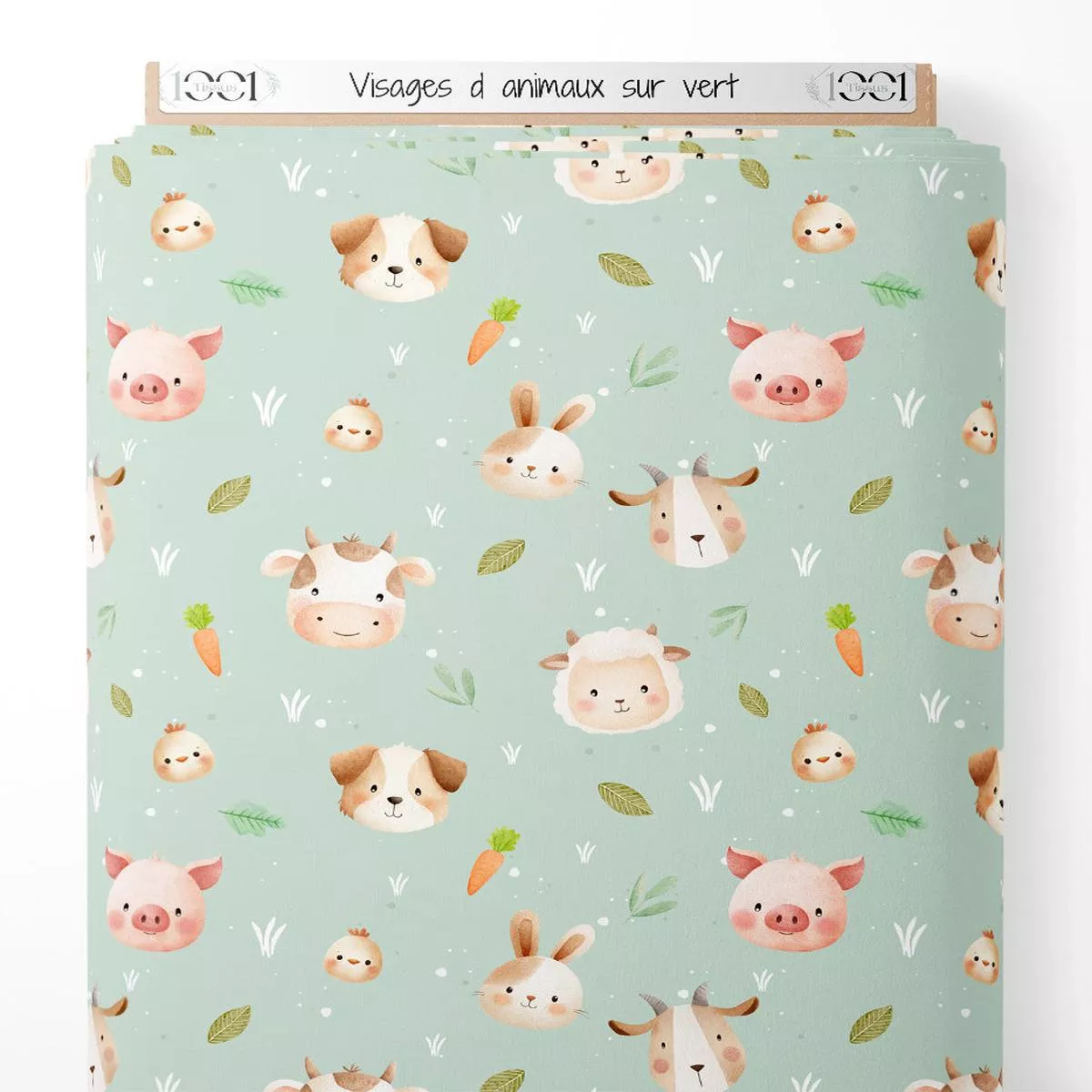 tissu-visages-d-animaux-sur-vert Tissu – Visages d’animaux sur vert