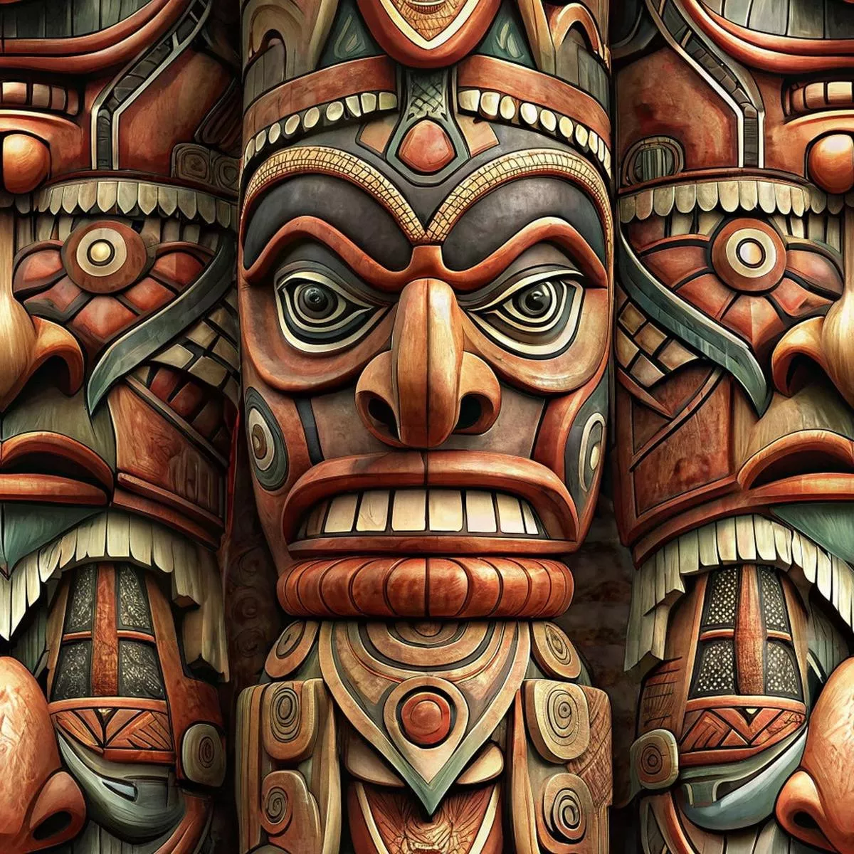 Totem Pole Tribal Figures Pattern 5 Quilting Cotton Fabric