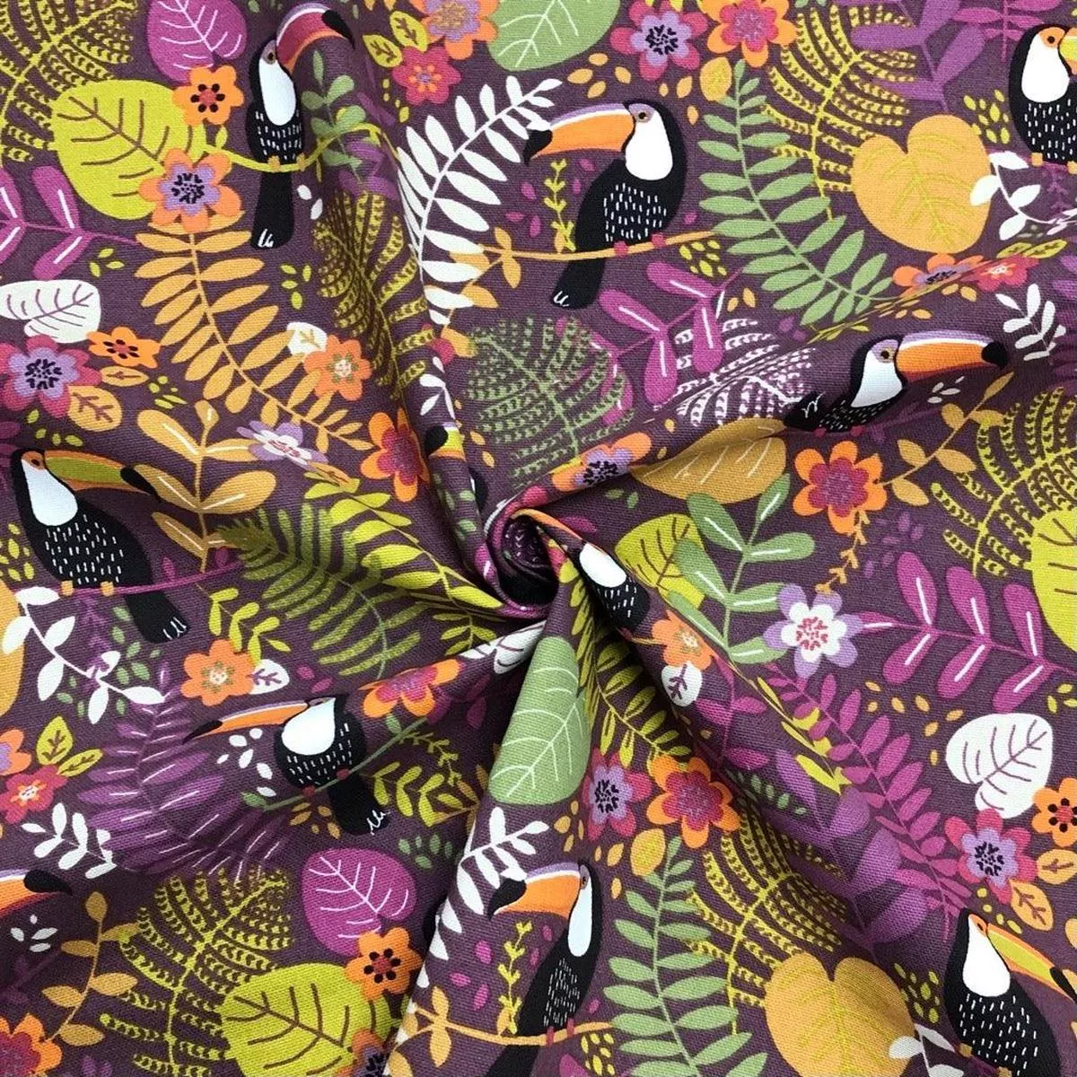 toucans-in-rainforest-on-purple-panama-fabric Toucans in Rainforest on Purple Panama Fabric