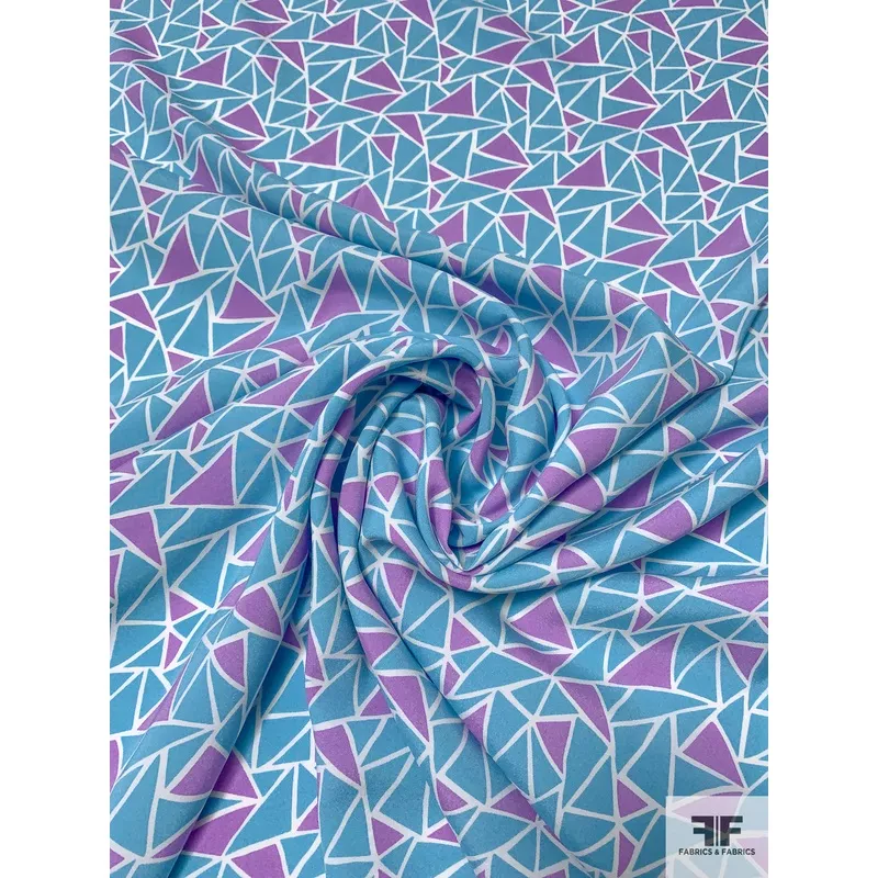 Triangle Collage Matte-Side Printed Stretch Silk Charmeuse – Ocean Blue / Purple / Off-White