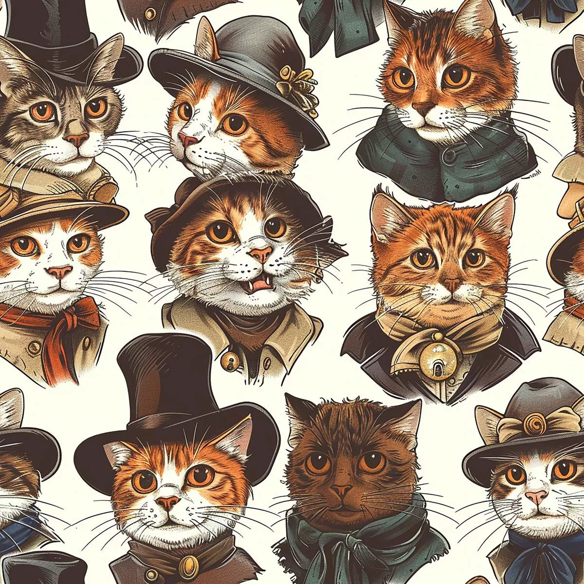 Victorian Cats Pattern 1 Quilting Cotton Fabric