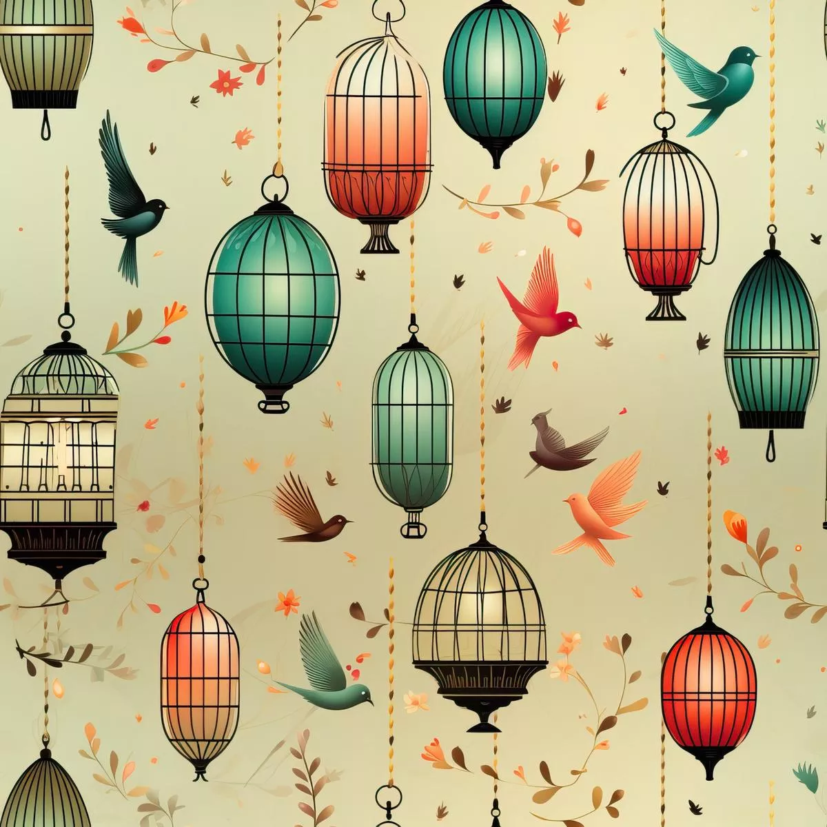 Vintage Birdcages Pattern 4 Quilting Cotton Fabric