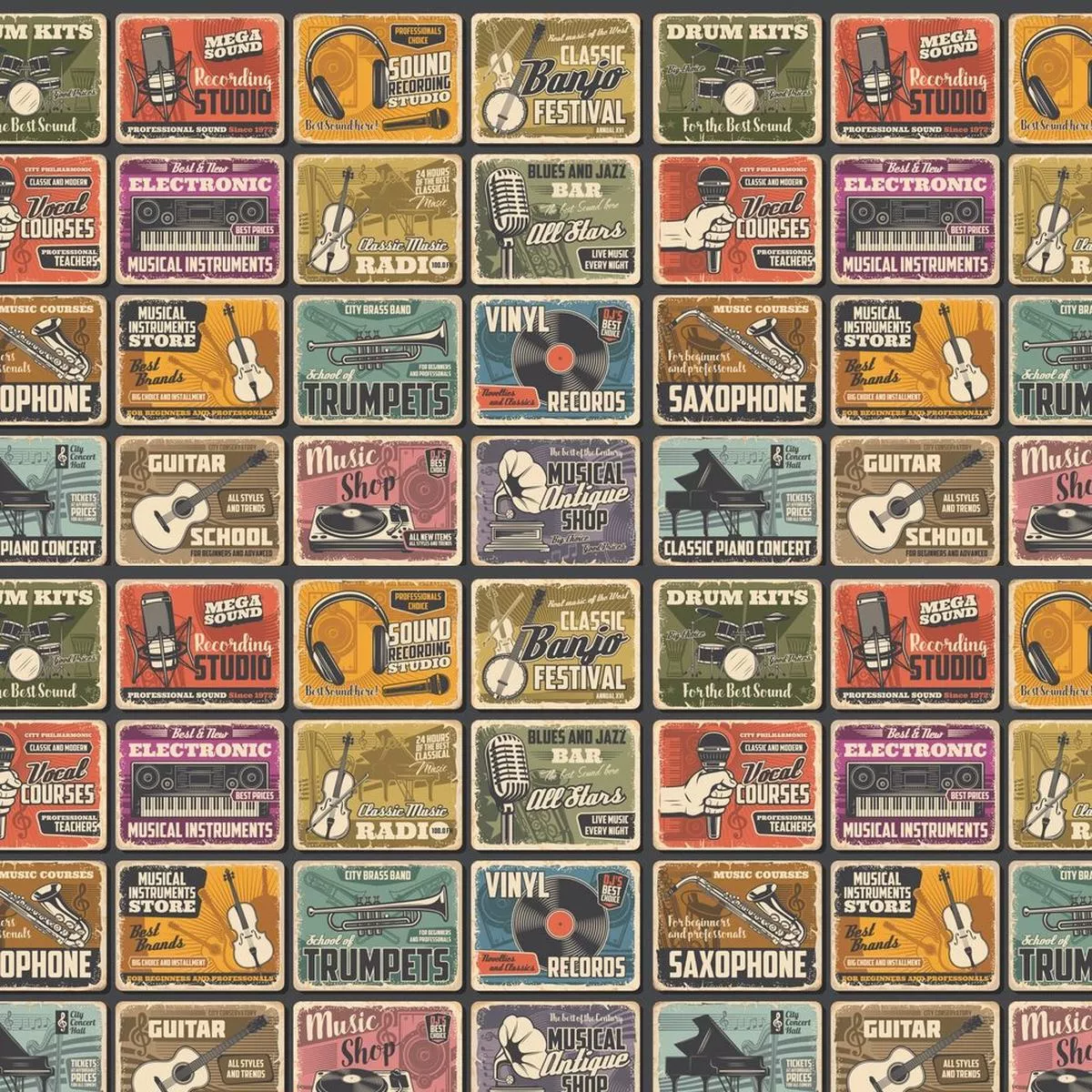 vintage-music-poster-fabric-multi Vintage Music Poster Fabric – Multi