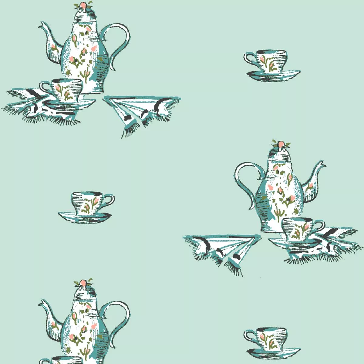 Vintage Teapot on Mint Green Fabric