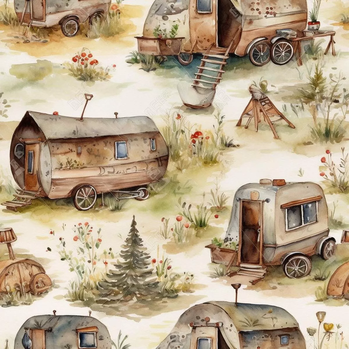 watercolor-camping-pattern-3-fabric Watercolor Camping Pattern #3 Fabric