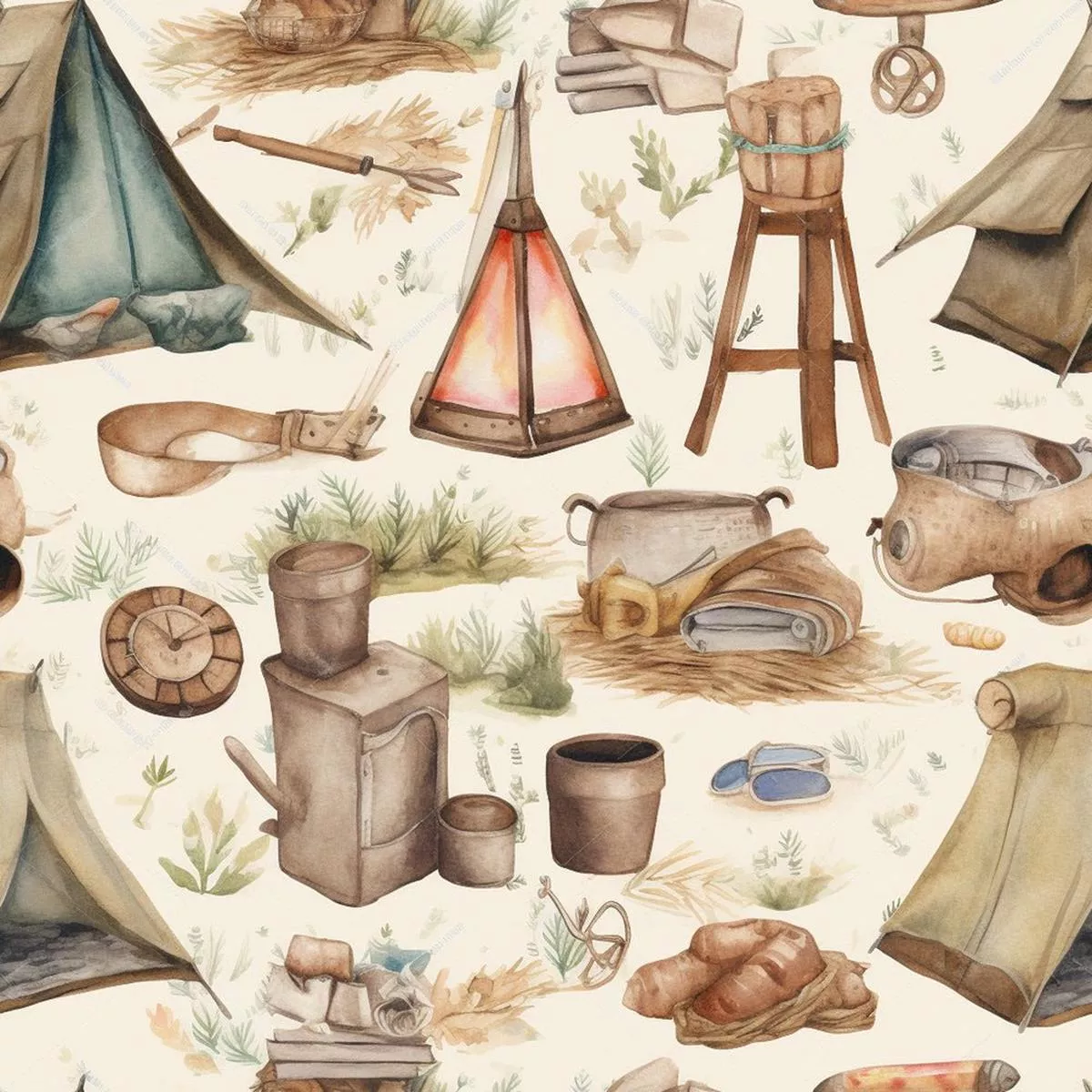 Watercolor Camping Pattern 5 Fabric