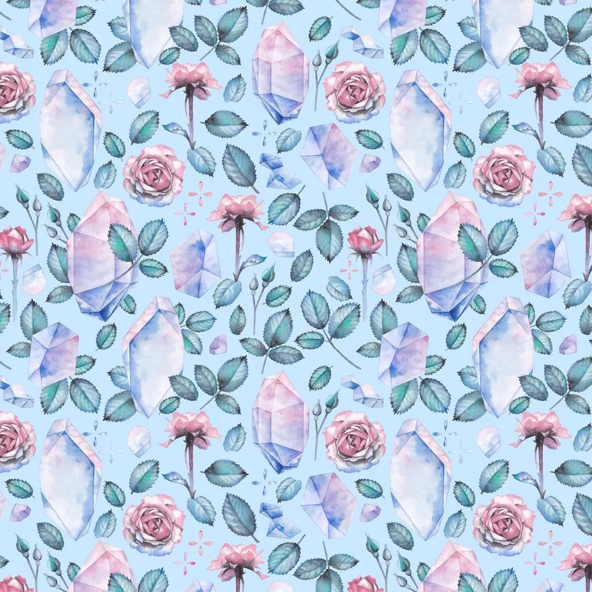 watercolor-crystals-rose-stems-fabric-blue Watercolor Crystals & Rose Stems Fabric – Blue