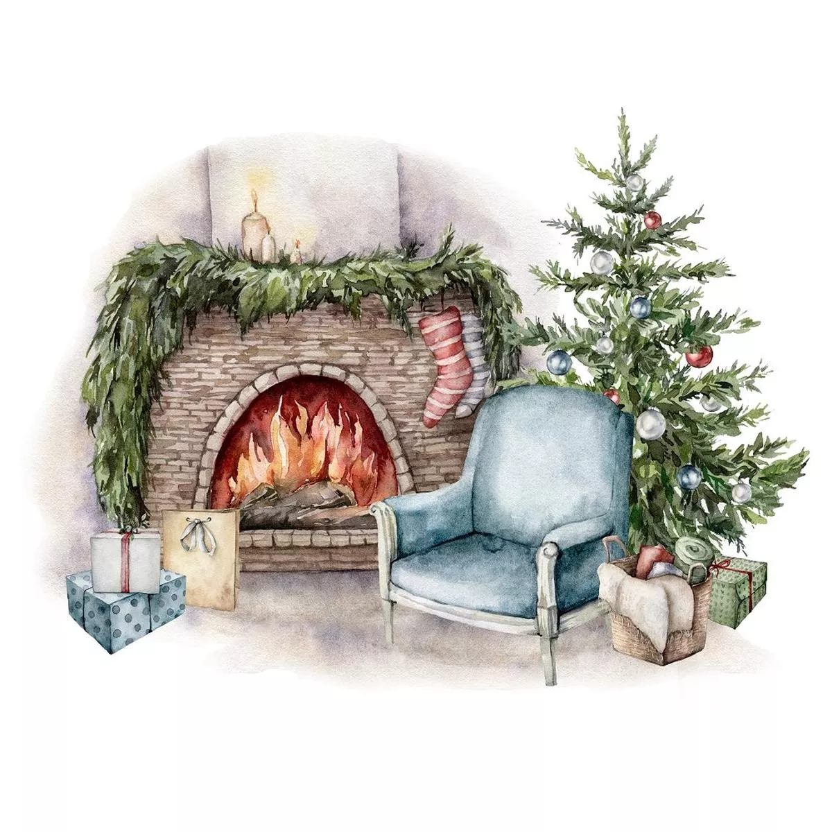 Watercolor Fireplace & Tree Fabric Panel – Multi