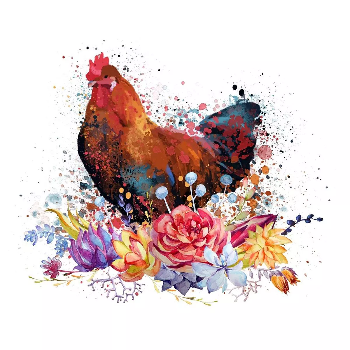 watercolor-rooster-with-flowers-fabric-panel Watercolor Rooster with Flowers Fabric Panel