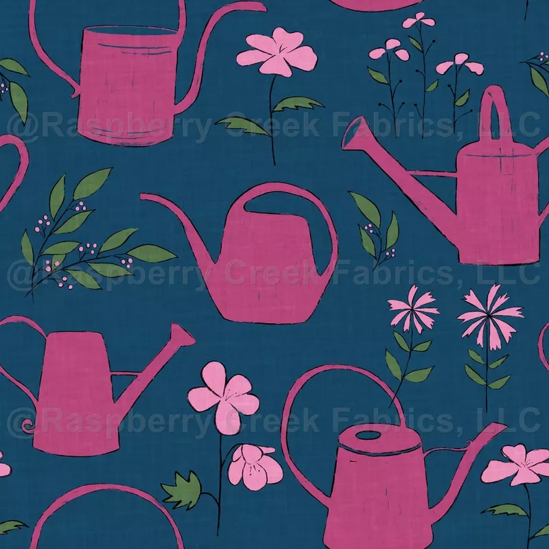 watering cans and flowers pink on blue