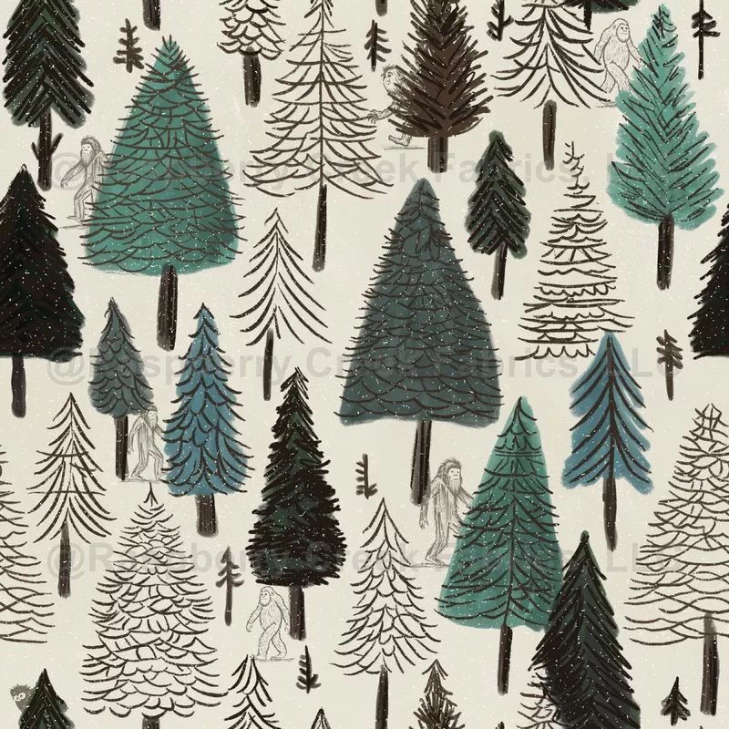 Whimsical Forest with Bigfoot and Hand Drawn Trees