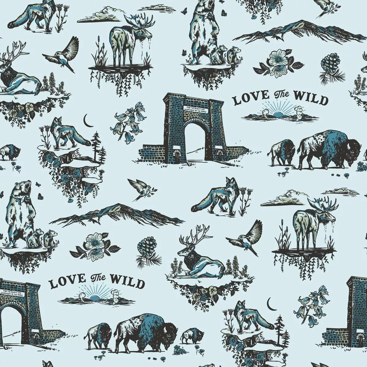whiskey-ginger-yellowstone-wildlife-blue-fabric Whiskey Ginger Yellowstone Wildlife Blue Fabric