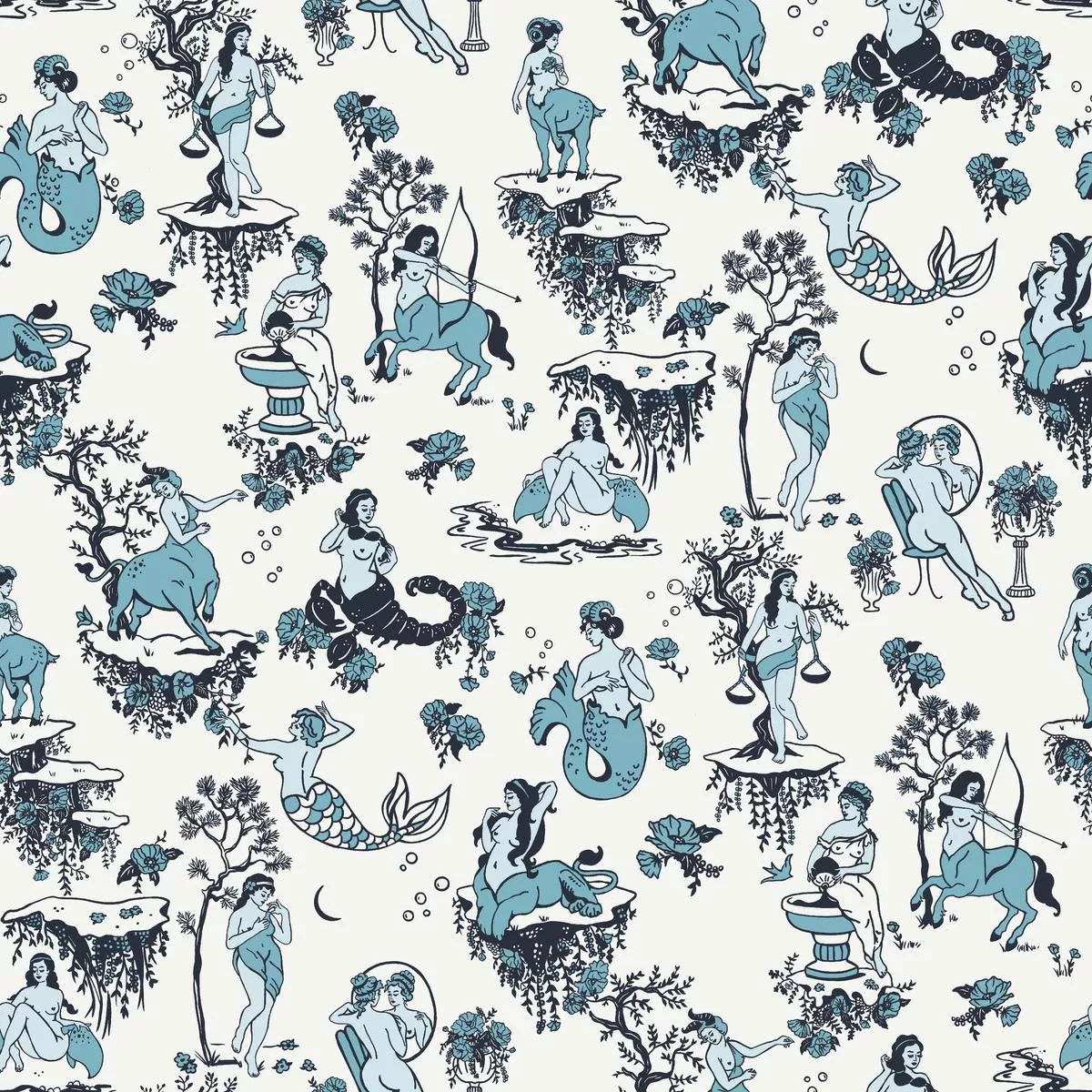 Whiskey Ginger Zodiac Toile Blue Fabric