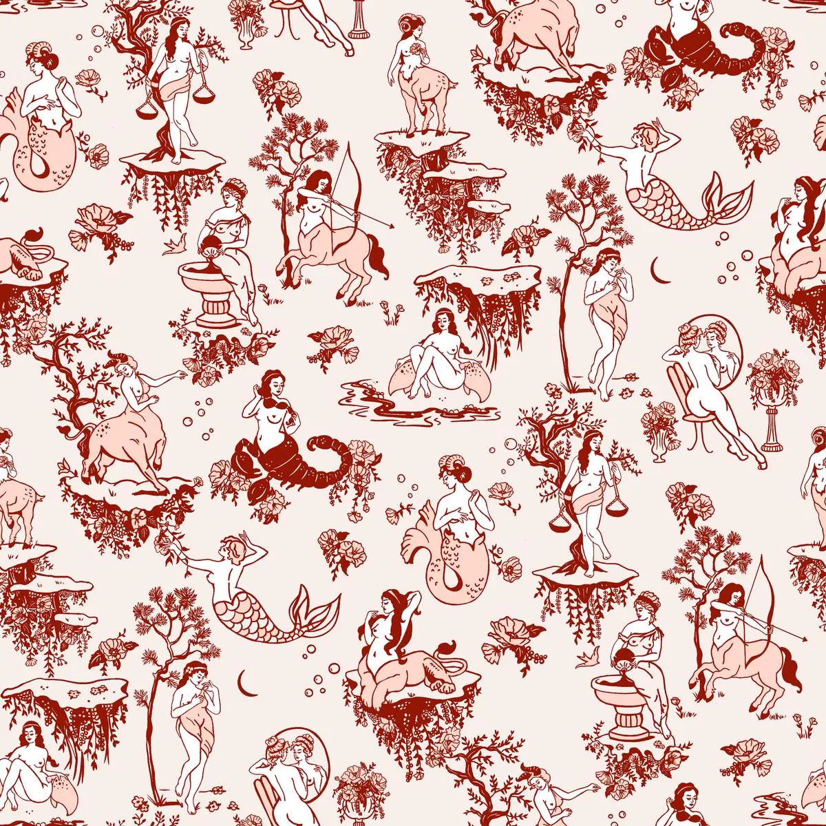 Whiskey Ginger Zodiac Toile Red Fabric