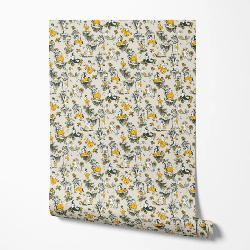 Whiskey Ginger Zodiac Toile Yellow Wallpaper
