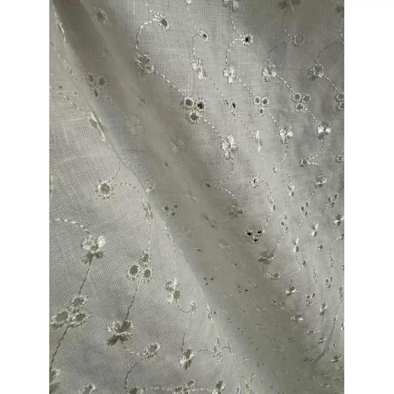 white-embroidered-eyelet-100-linen-fabric-medium-weight White Embroidered Eyelet 100% Linen Fabric – Medium Weight
