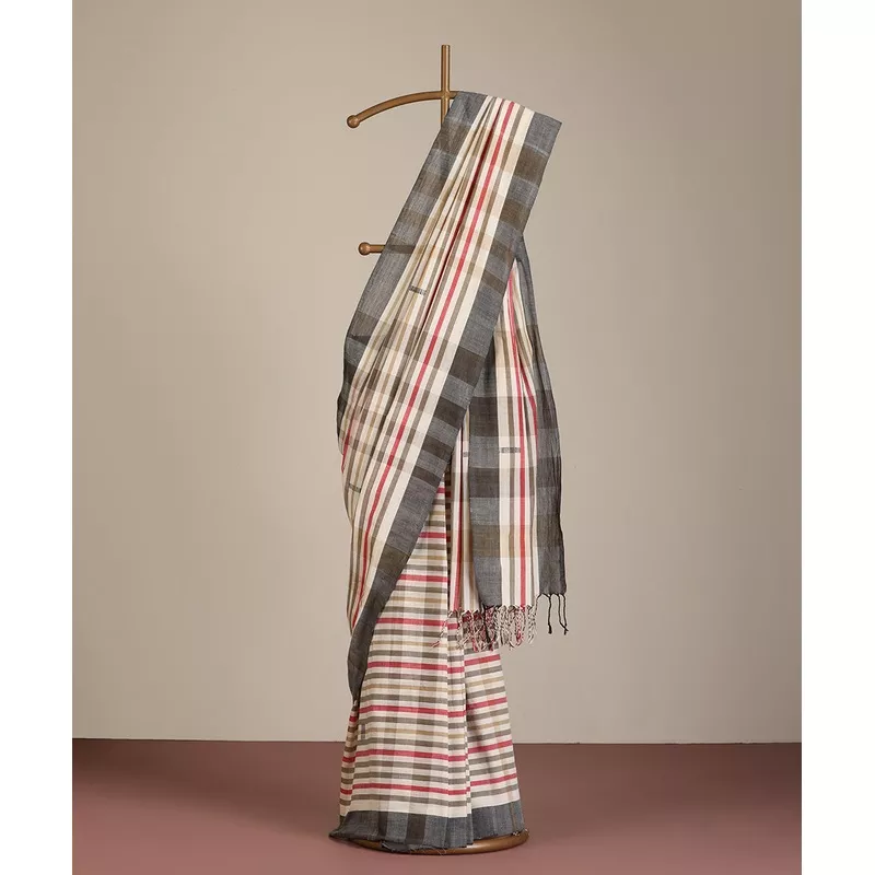 white-grey-handloom-striped-cotton-ikat-saree White-Grey Handloom Striped Cotton Ikat Saree