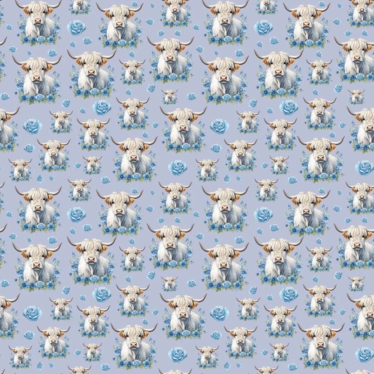 white-highland-cows-blue-flowers-fabric-blue White Highland Cows & Blue Flowers Fabric – Blue