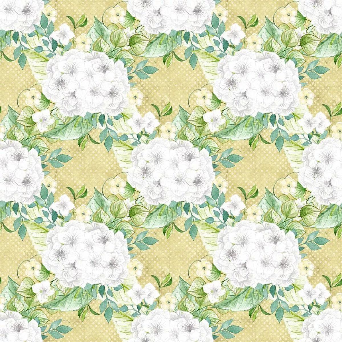 white-hydrangeas-bouquets-on-yellow-dots-fabric White Hydrangeas Bouquets on Yellow Dots Fabric