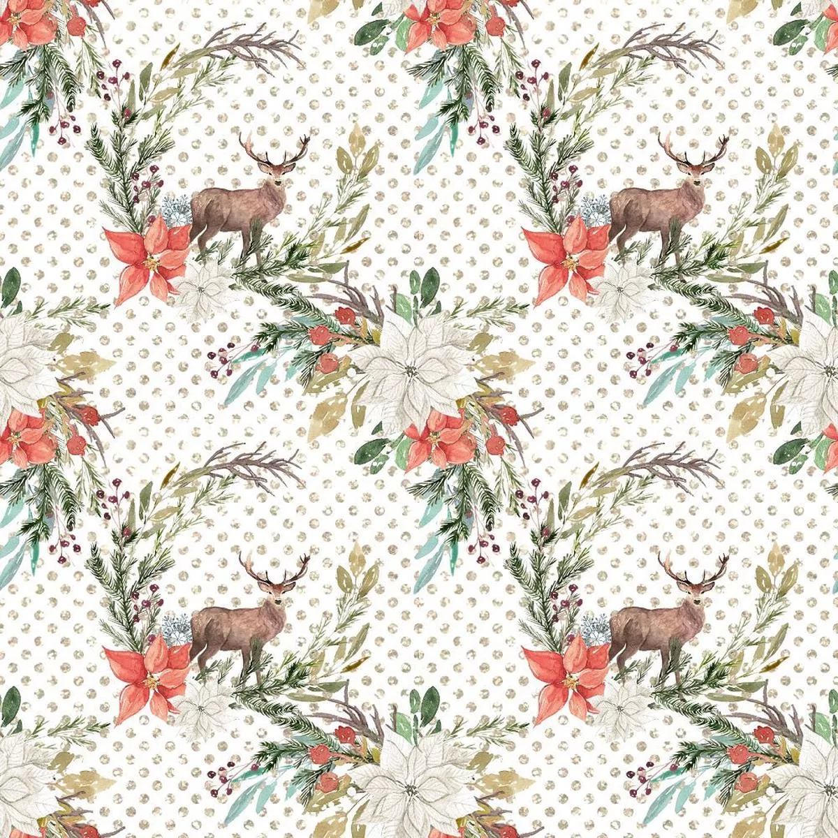 winter-dreams-floral-deer-on-dots-fabric Winter Dreams Floral Deer on Dots Fabric