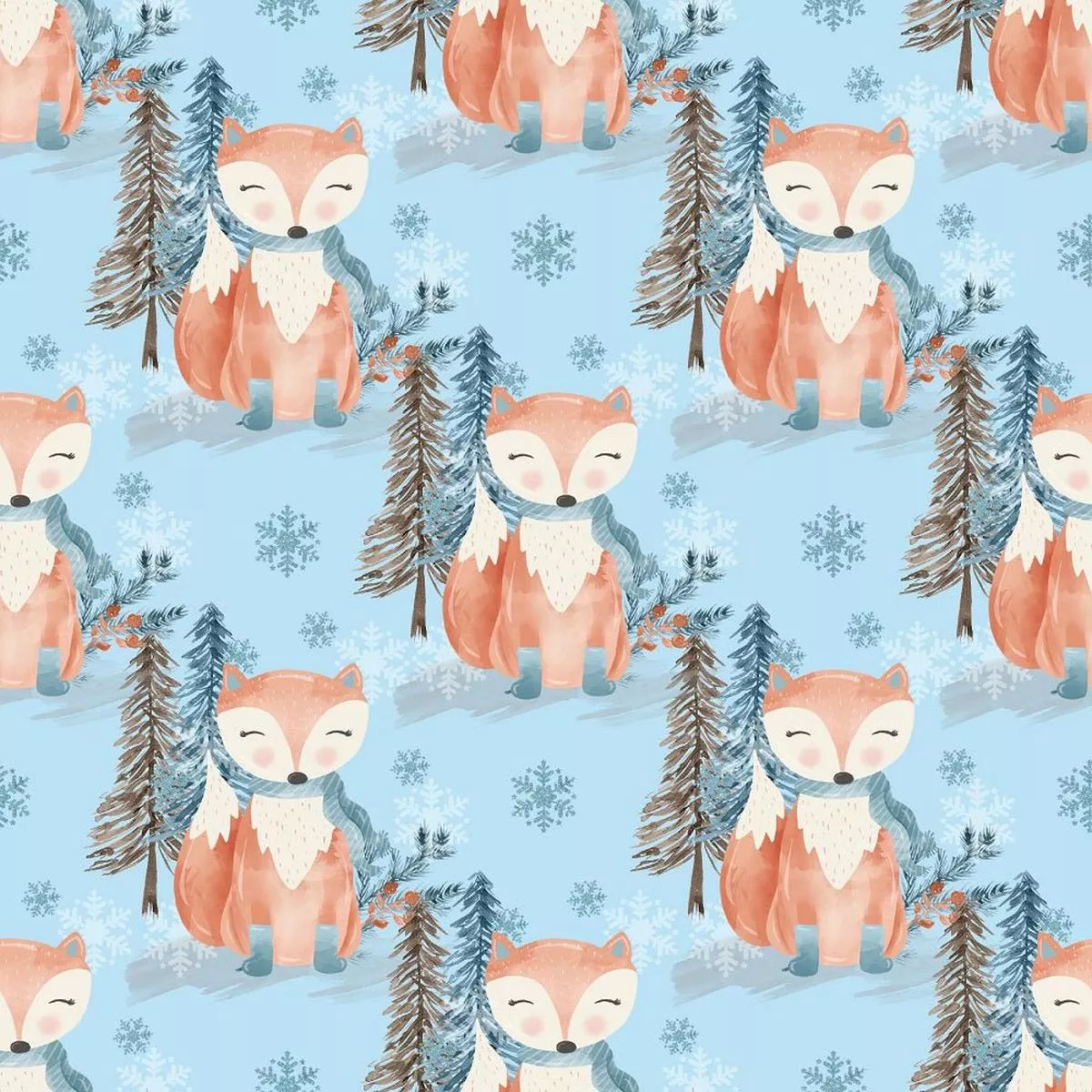 winter-fox-with-snowflakes-fabric-blue Winter Fox with Snowflakes Fabric – Blue