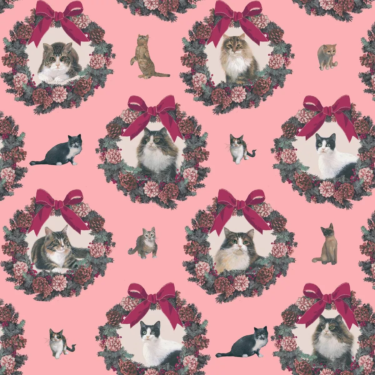wreath-kitty-on-pink-fabric Wreath Kitty on Pink Fabric