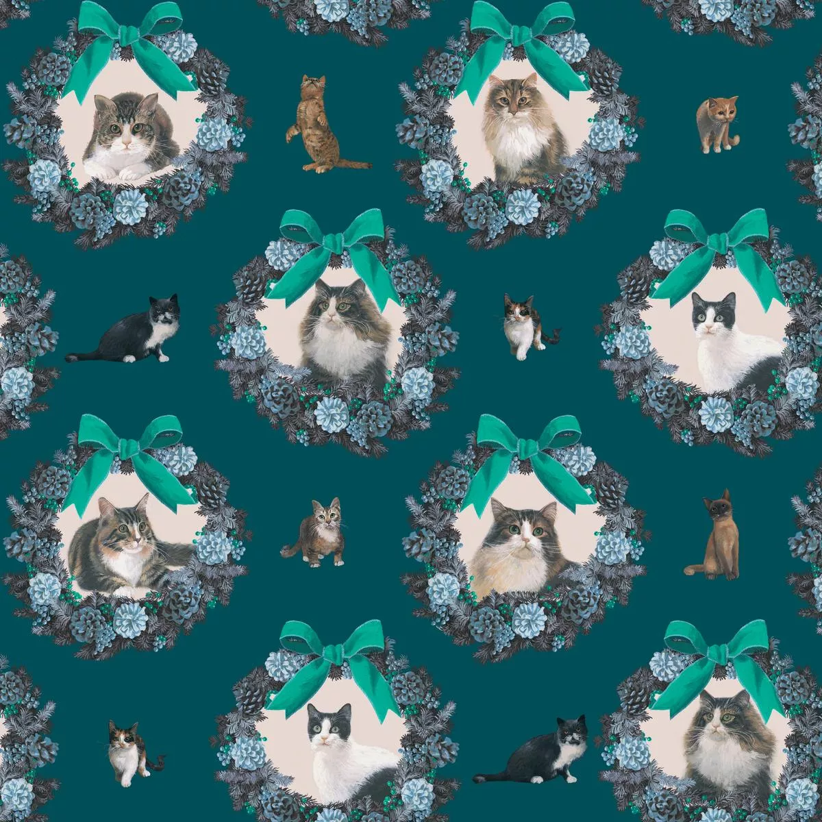 Wreath Kitty on Teal Fabric