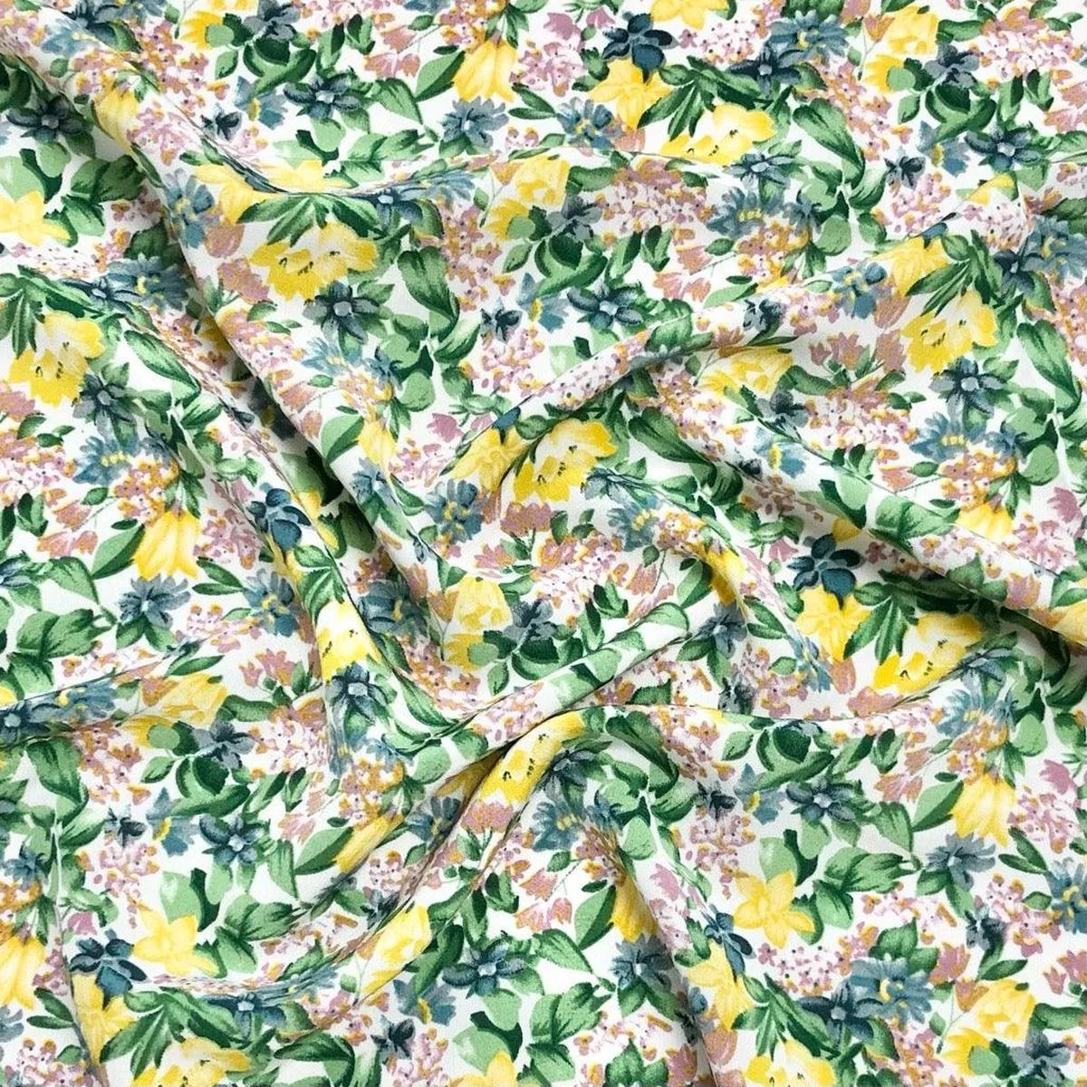 yellow-green-floral-on-white-polyester-crepe-fabric Yellow and Green Floral on White Polyester Crepe Fabric