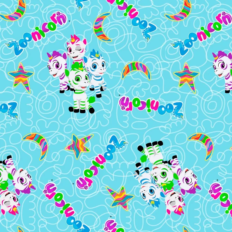 zoonicorn-squiggle-group-characters-on-blue-fabric Zoonicorn Squiggle Group Characters on Blue Fabric